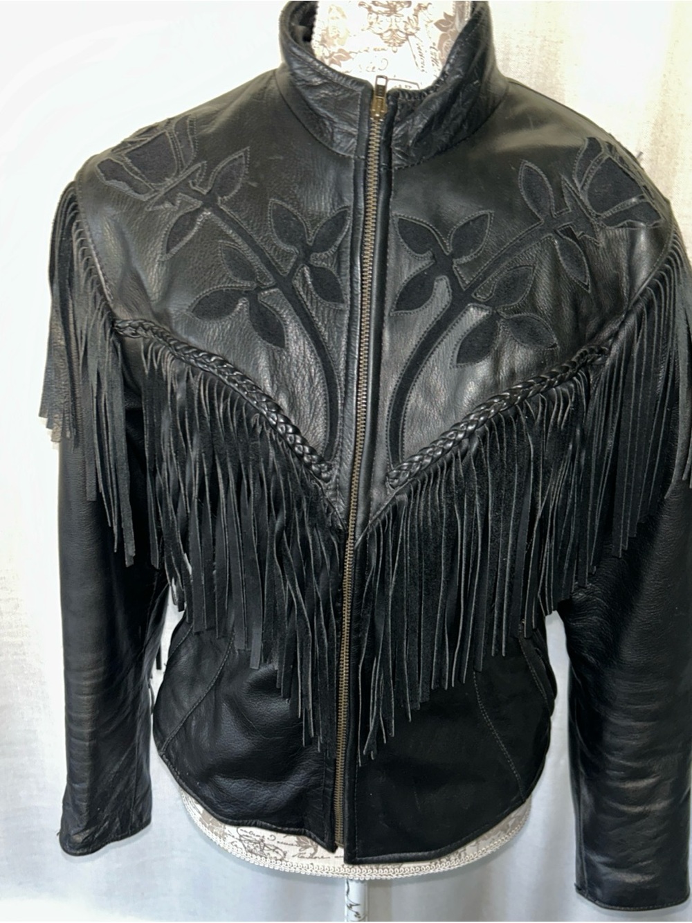 Just Leather Women’s Black Genuine Leather Fringe Motorcycle Jacket Floral